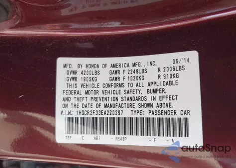 2014 Honda Accord Lx из США, поврежденный, VIN 1HGCR2F33EA220297